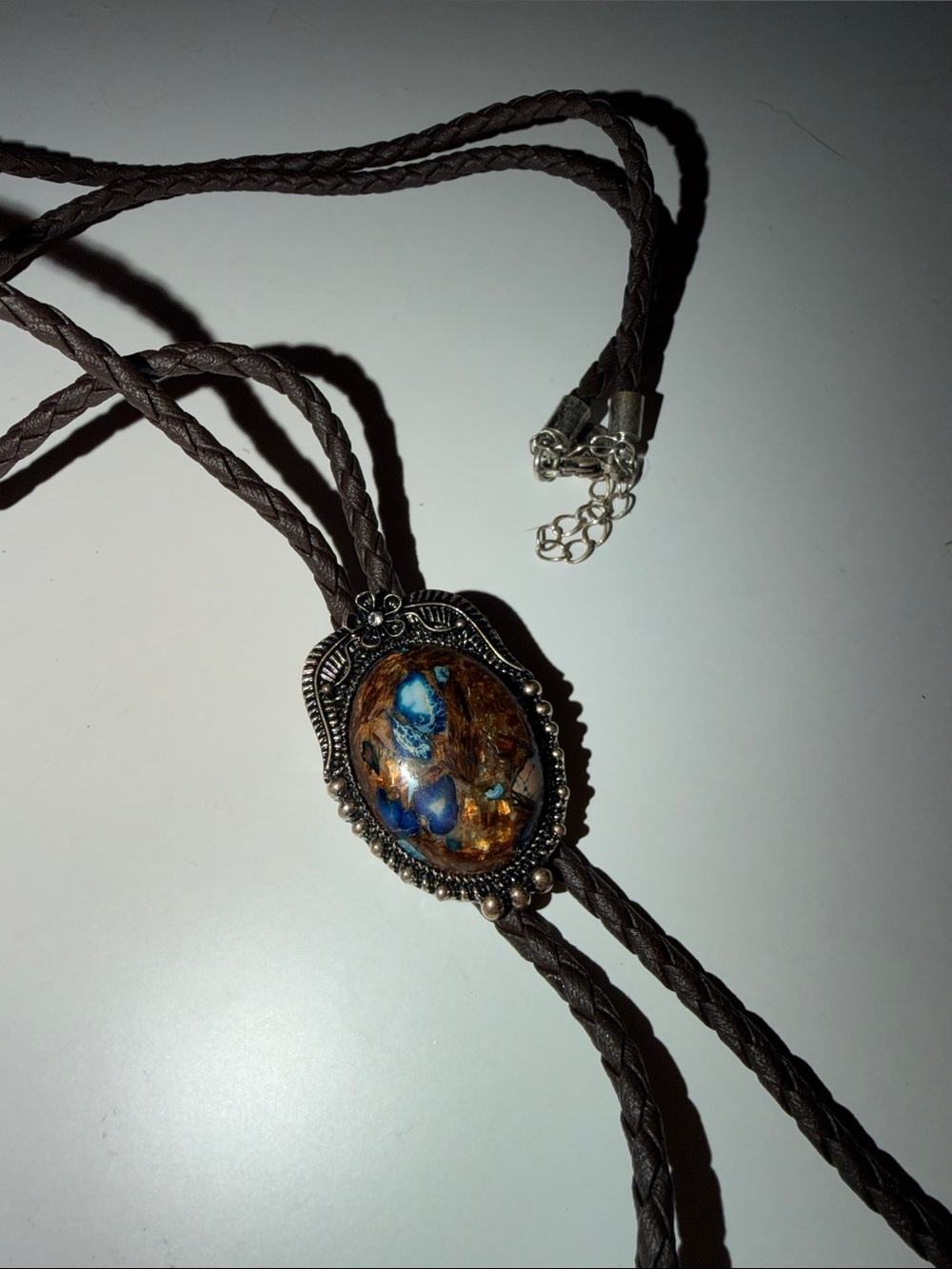 Brown Braided Leather Bolo Tie with Multicolor Stone Accent
